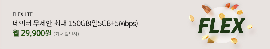 FLEX LTE 데이터 무제한 최대 150GB(일5GB+5Mbps) 월 29,900원 (최대 할인시)