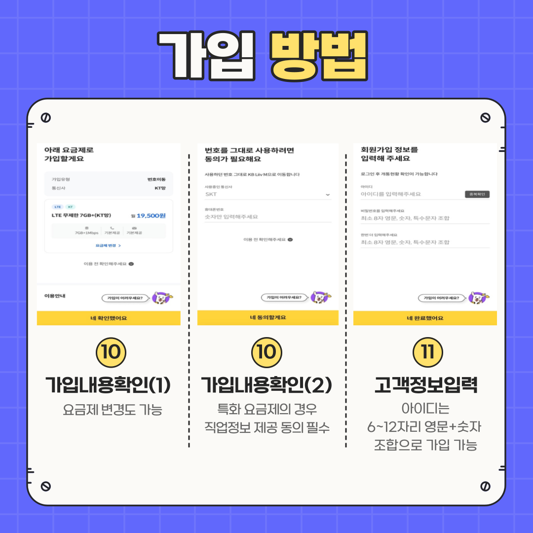 가입 방법 ⑩	가입내용확인(1): 요금제 변경도 가능 ⑩ 가입내용확인(2): 특화 요금제의 경우 직업정보 제공 동의 필수 ⑪ 고객정보입력: 아이디는 6~12자리 영문+숫자 조합으로 가입 가능