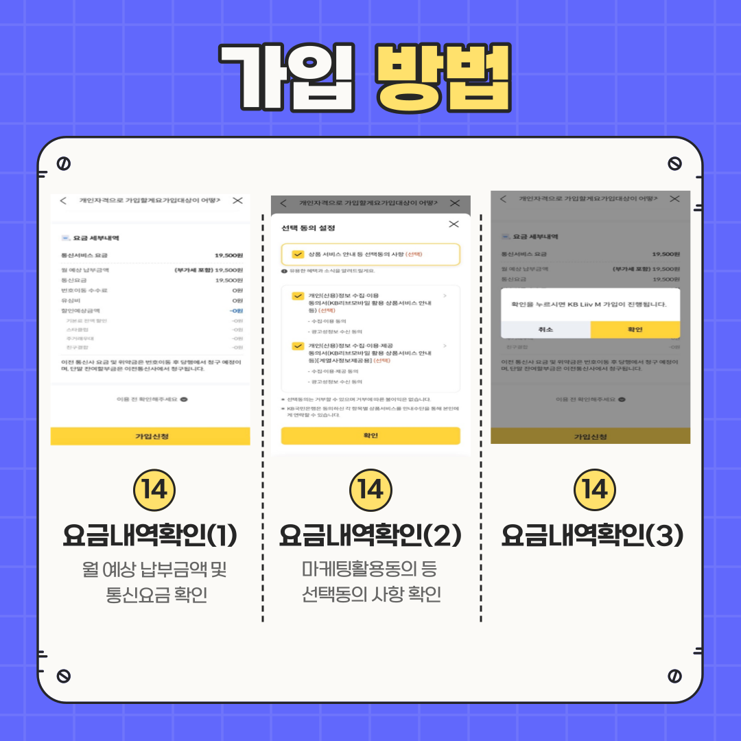 가입 방법 ⑭	요금내역확인(1): 월 예상 납부금액 및 통신요금 확인 ⑭	요금내역확인(2): 마케팅활용동의 등 선택동의 사항 확인 ⑭ 요금내역확인(3)