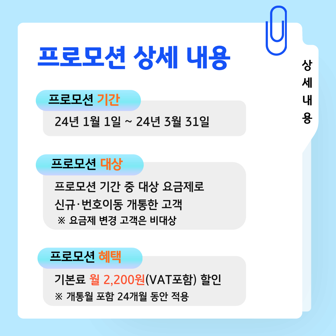 프로모션 상세 내용 상세 내용 프로모션 기간 : 24년 1월 1일 ~ 24년 3월 31일 프로모션 대상 : 프로모션 기간 중 대상 요금제로 신규·번호이동 개통한 고객 ※ 요금제 변경 고객은 비대상 프로모션 혜택 : 기본료 월 2,200원(VAT포함) 할인 ※ 개통월 포함 24개월 동안 적용