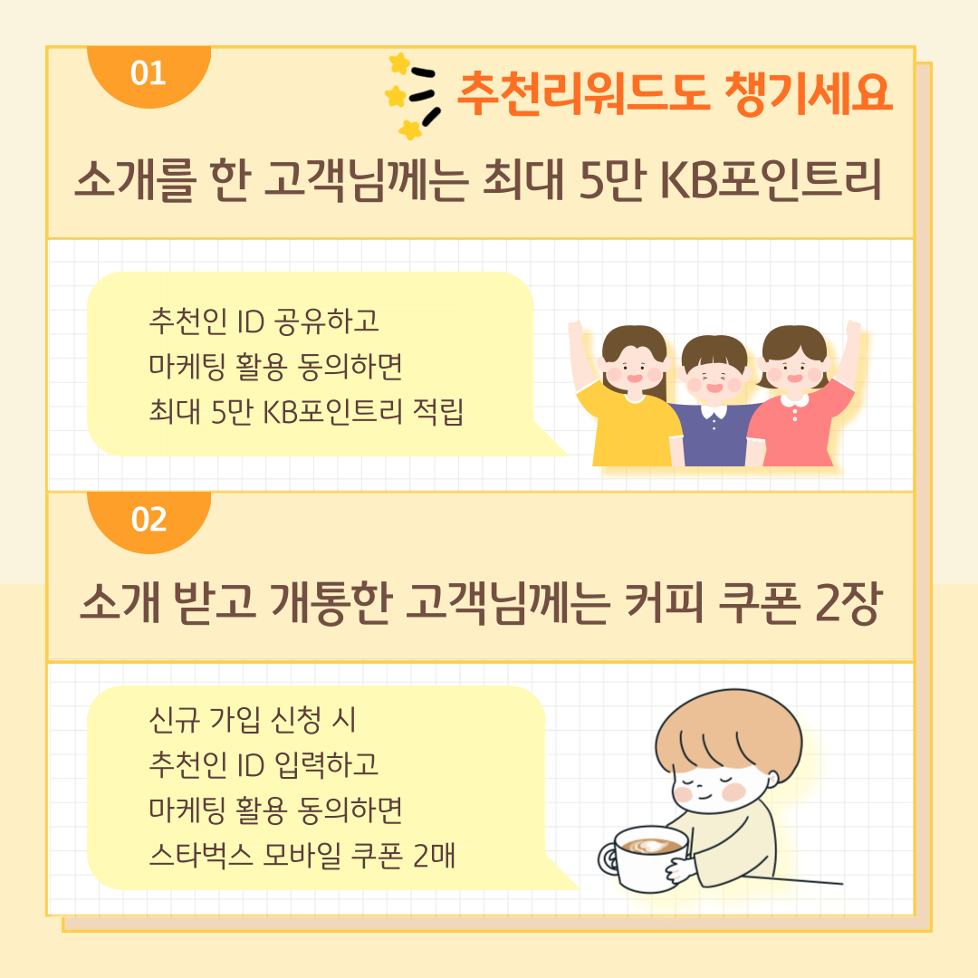 ① 추천리워드도 챙기세요 소개를 한 고객님께는 최대 5만 KB포인트리 추천인 ID 공유하고 마케팅 활용 동의하면 최대 5만 KB포인트리 적립 ② 소개 받고 개통한 고객님께는 커피 쿠폰 2장 신규 가입 신청 시 추천인 ID 입력하고 마케팅 활용 동의하면 스타벅스 모바일 쿠폰 2매