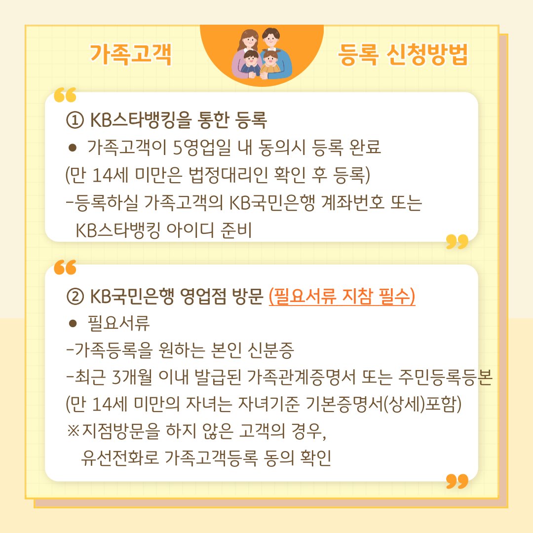 가족고객 등록 신청방법 ① KB스타뱅킹을 통한 등록  가족고객이 5영업일 내 동의시 등록 완료 (만 14세 미만은 법정대리인 확인 후 등록) - 등록하실 가족고객의 KB국민은행 계좌번호 또는 KB스타뱅킹 아이디 준비 ② KB국민은행 영업점 방문 (필요서류 지참 필수)  필요서류 - 가족등록을 원하는 본인 신분증 - 최근 3개월 이내 발급된 가족관계증명서 또는 주민등록등본 (만 14세 미만의 자녀는 자녀기준 기본증명서(상세)포함) ※지점방문을 하지 않은 고객의 경우, 유선전화로 가족고객등록 동의 확인