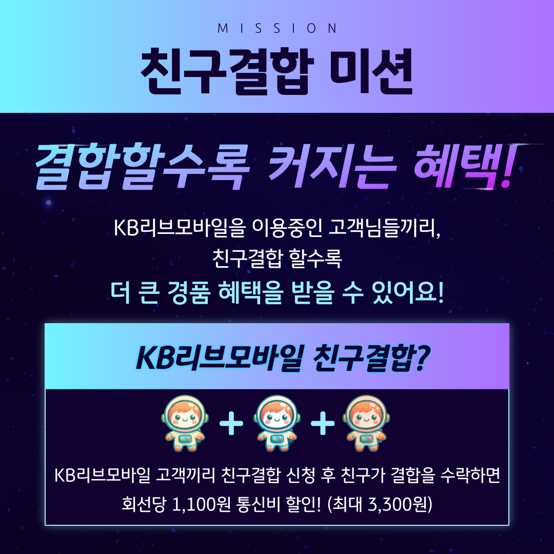 MISSION 친구결합 미션 / 결합할수록 커지는 혜택! / KB리브모바일을 이용중인 고객님들끼리, 친구결합 할수록 더 큰 경품 혜택을 받을 수 있어요! / KB리브모바일 친구결합? KB리브모바일 고객끼리 친구결합 신청 후 친구가 결합을 수락하면 회선당 1,100원 통신비 할인! (최대 3,300원)