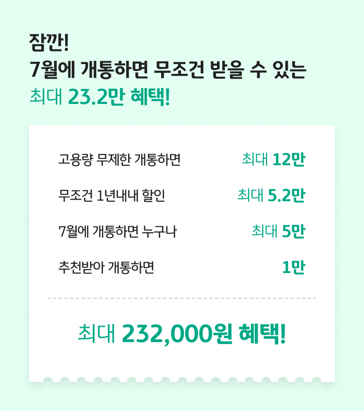 잠깐! 7월에 개통하면 무조건 받을 수 있는 최대 27.2만 혜택! 고용량 무제한 개통하면 무조건 1년내내 할인 최대 5.2만원 7월에 개통하면 누구나 최대 5만 추천받아 개통하면 5만 최대 272,000원 혜택!